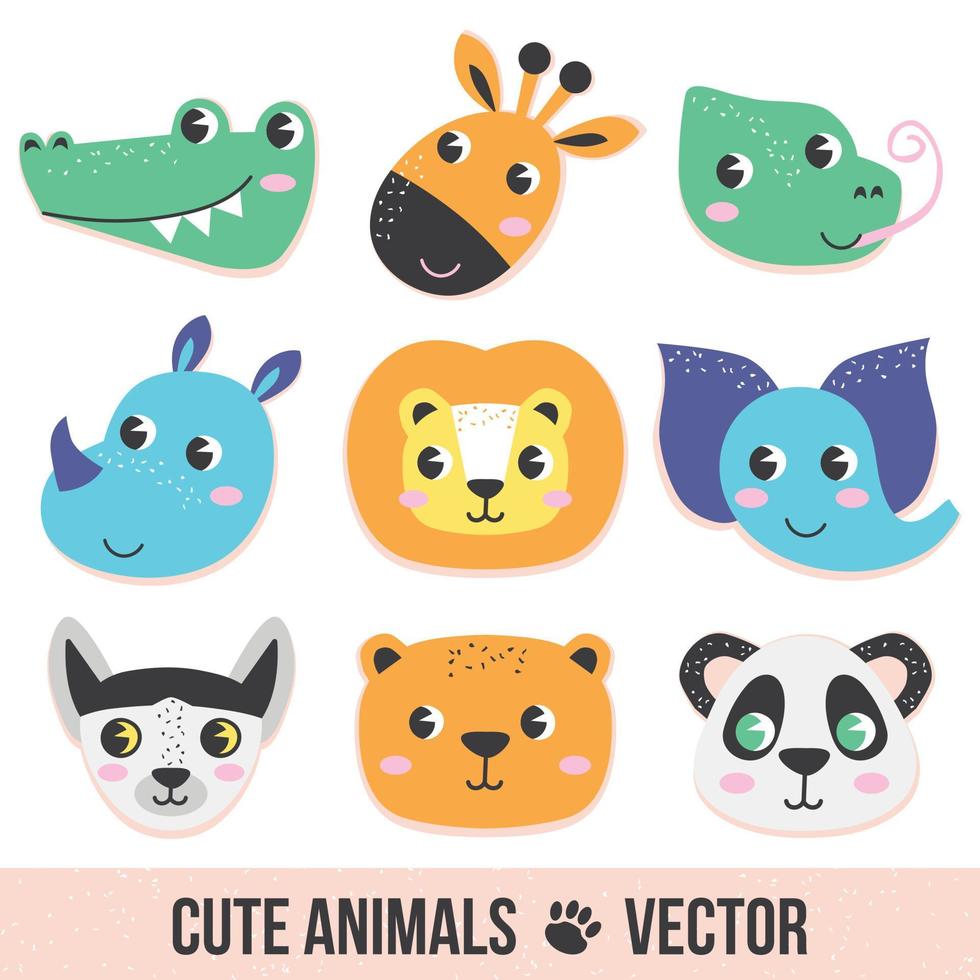 Cartoon cute face of animals in scandinavian style, stamp texture. Vector illustration for design and print