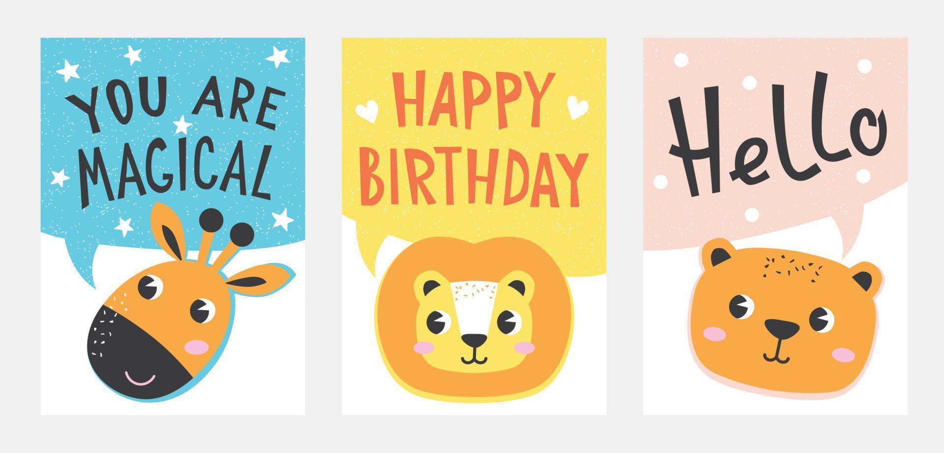 Set of cute card and banner with animals in scandinavian style, stamp texture. Vector illustration with hand draw lettering for design and print