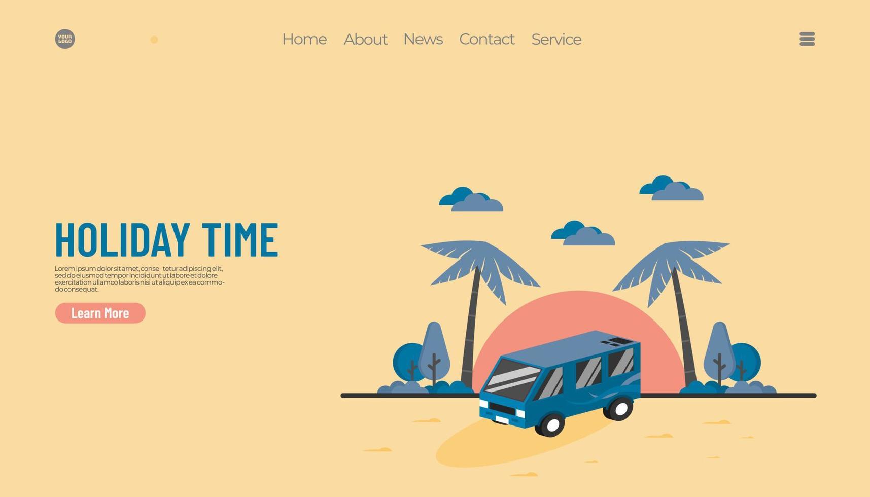 gráfico vectorial ilustrativo del concepto de vacaciones de verano, furgoneta con fondo de playa. bueno para la página de destino web vector