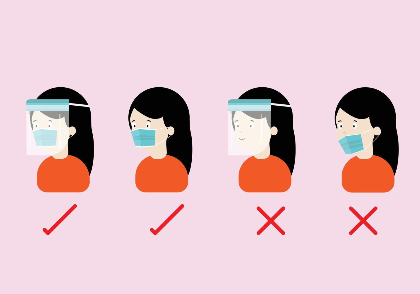 Concepts of how to wear protective mask and face shield correctly. vector