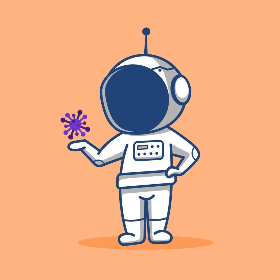 astronauta chibi de dibujos animados sosteniendo un virus en la mano vector