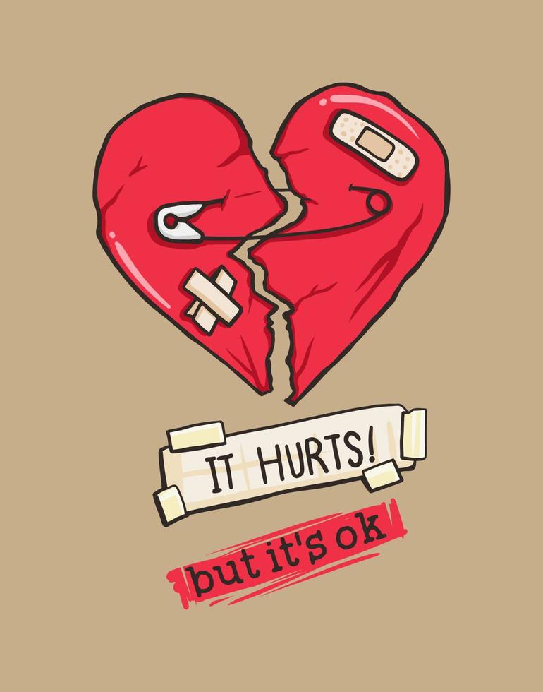 Broken heart fix with pin and bandages vector illustration