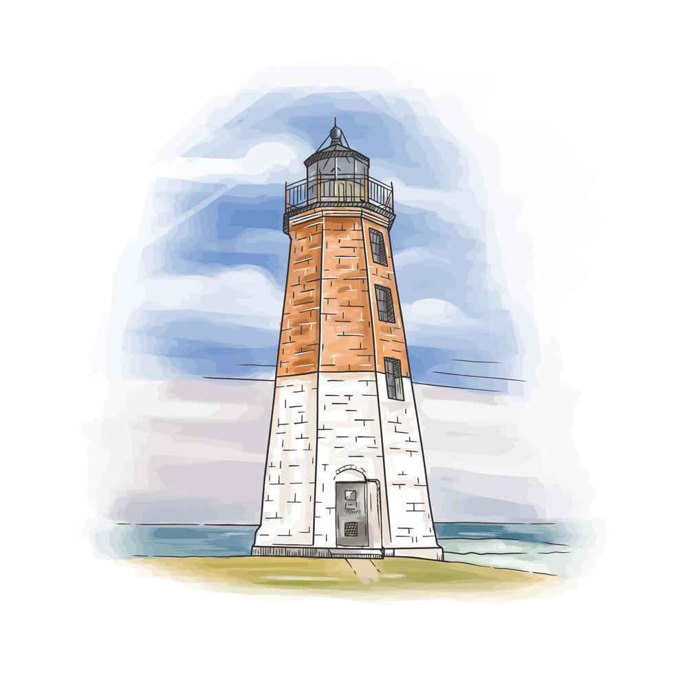 Hand drawn lighthouse on the beach vector illustration