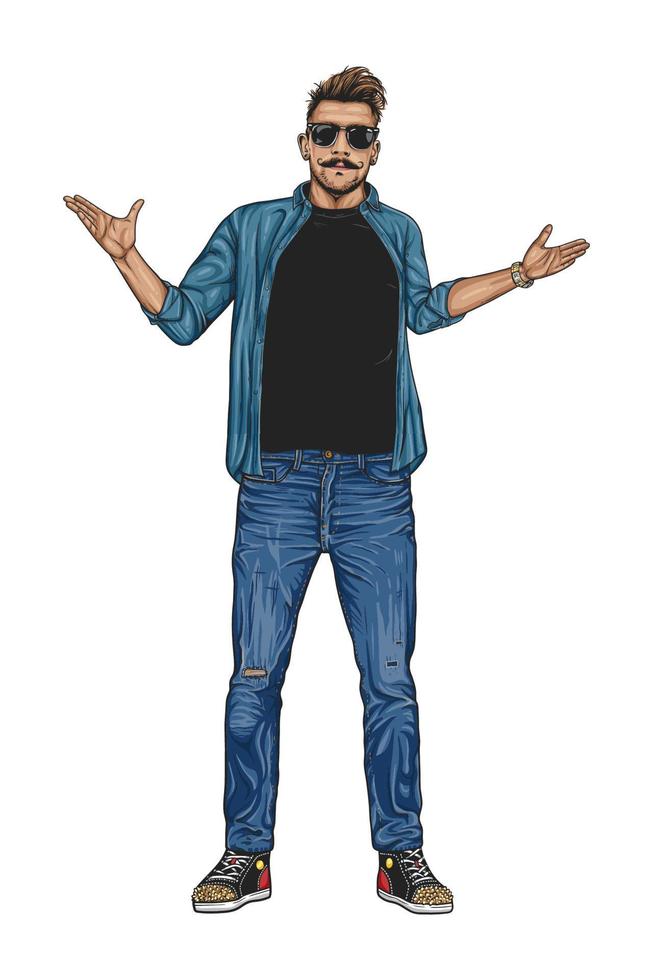 Cool guy in sunglasses stretches his hand to the side. Vector illustration