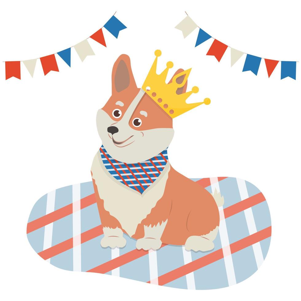 lindo perro corgi real, con una corona. vector