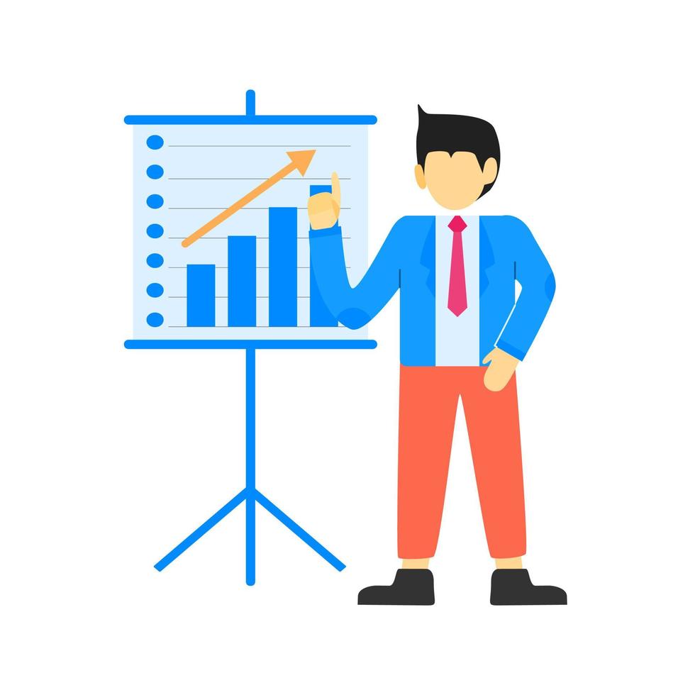 Businessman character making a presentation. Vector illustration. Flat design style