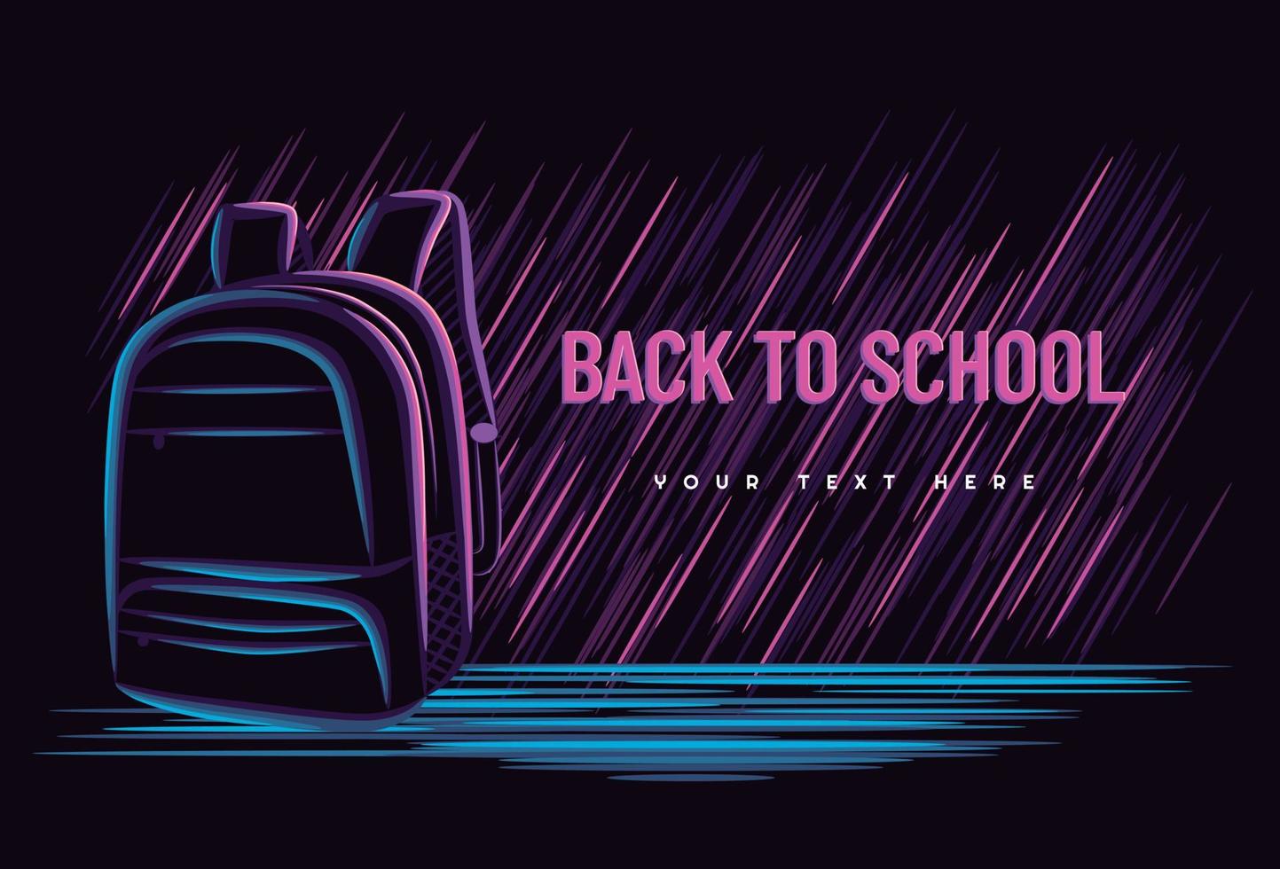 ilustración gráfica vectorial del concepto de regreso a la escuela con estilo de letrero de neón de arte de línea escolar de bolsa sobre fondo oscuro. bueno para banner, página de inicio, afiche, volante vector