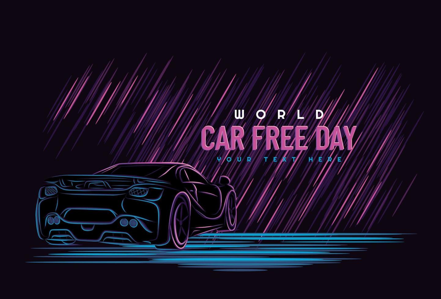 Car free day concept. Sepember 22. car line art with neon color style. Vector illustration on a dark background.