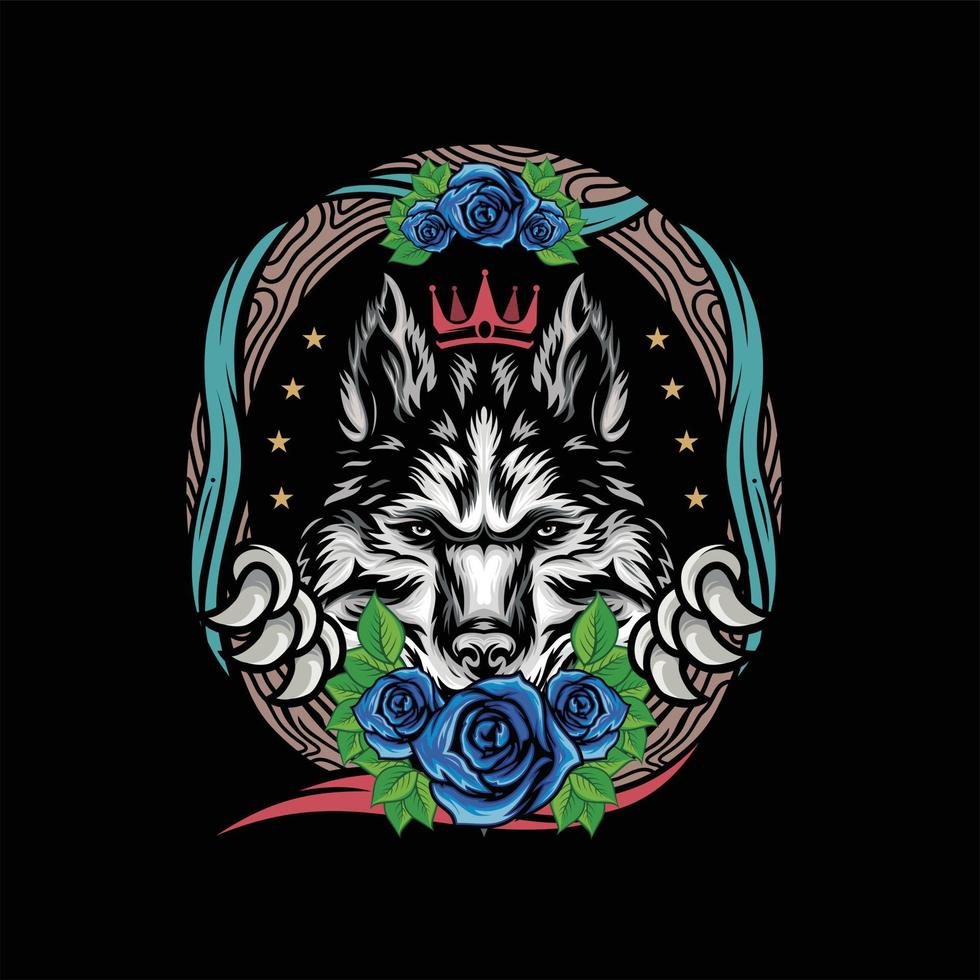 Wolf head and rose flower vector design concept