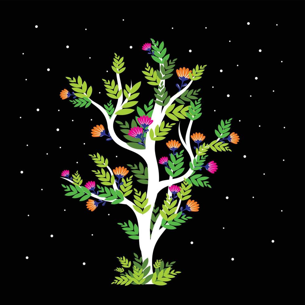 Trees flat vector design and floral illustration on black background