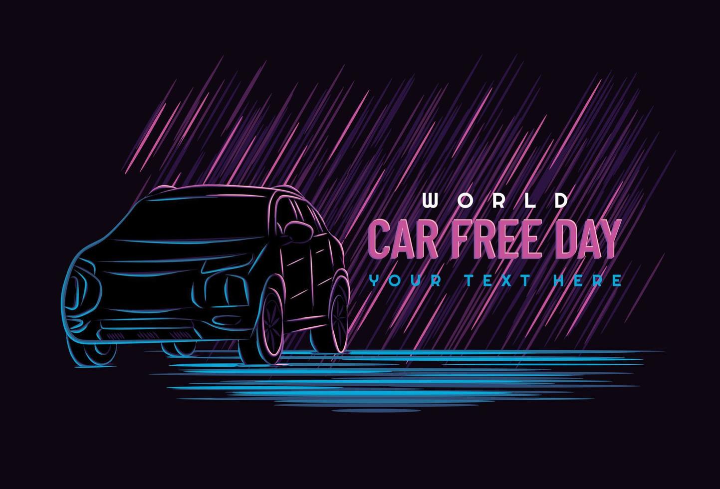 Car free day concept. Sepember 22. car line art with neon color style. Vector illustration on a dark background.