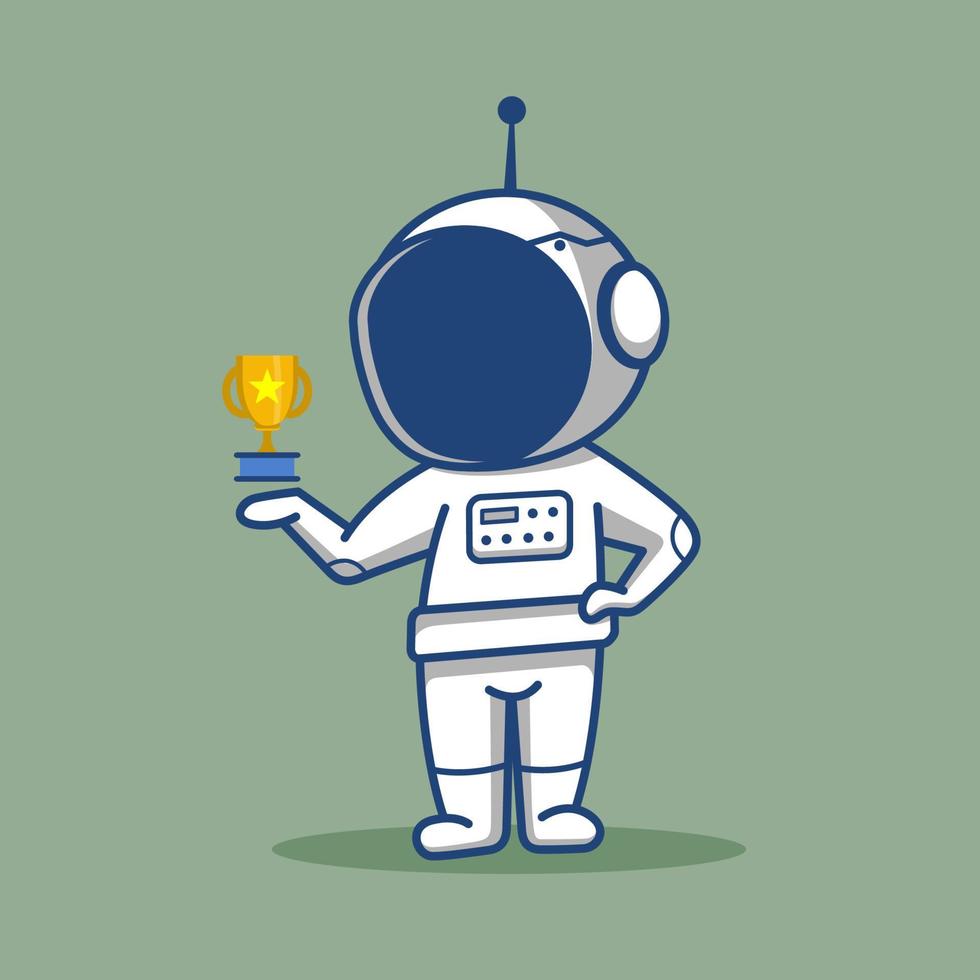 astronauta chibi de dibujos animados sosteniendo un trofeo en la mano vector