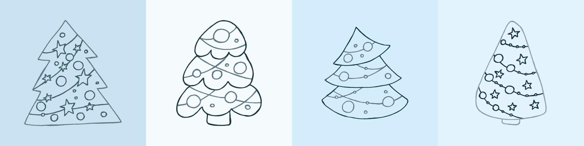 A set of hand-drawn christmas trees. Vector illustration in doodle style. Winter mood. Hello 2023. Merry Christmas and Happy New Year. Gray elements on a blue background.