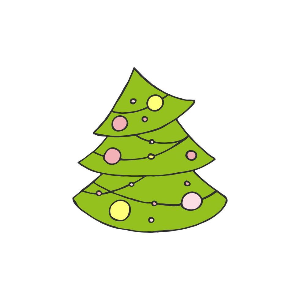 A hand-drawn christmas tree. Colored vector illustration in doodle style. Winter mood. Hello 2023. Merry Christmas and Happy New Year. Green tree with a yellow and pink toys on a white background.