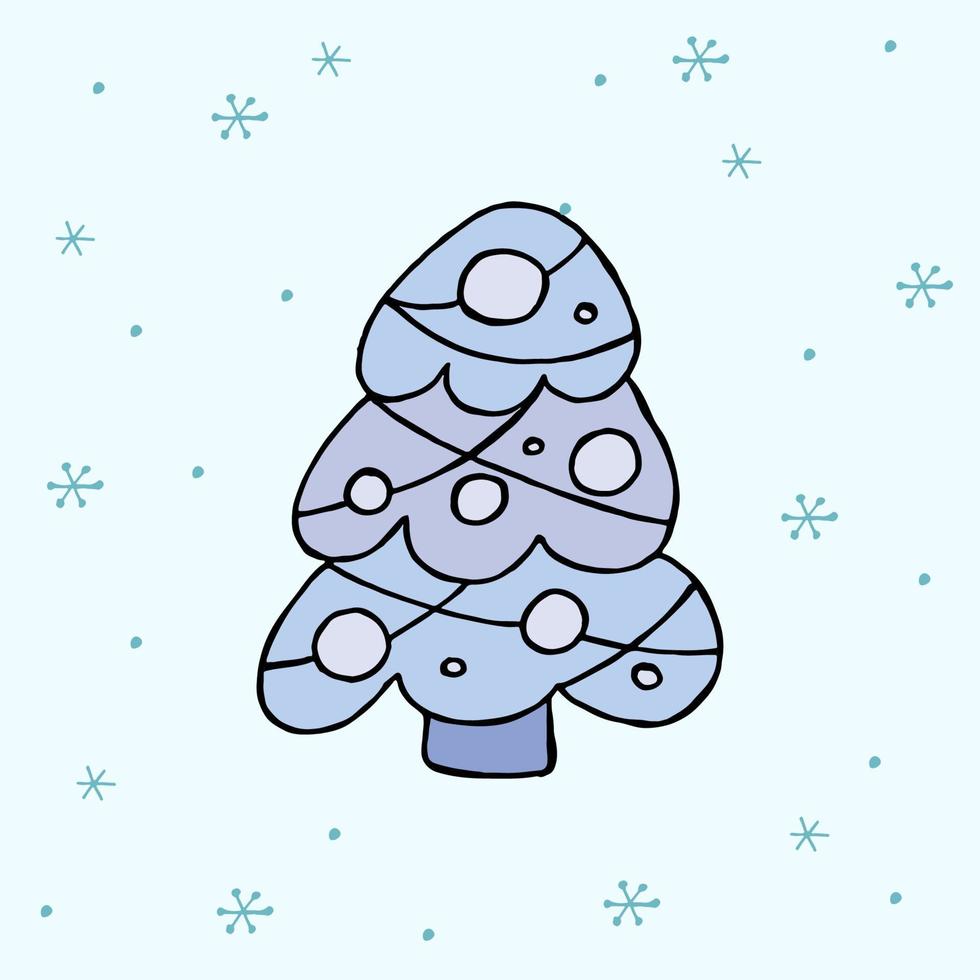 A hand-drawn christmas tree. Colored vector illustration in doodle style. Winter mood. Hello 2023. Merry Christmas and Happy New Year. Blue tree with toys on a background with a snowflakes.