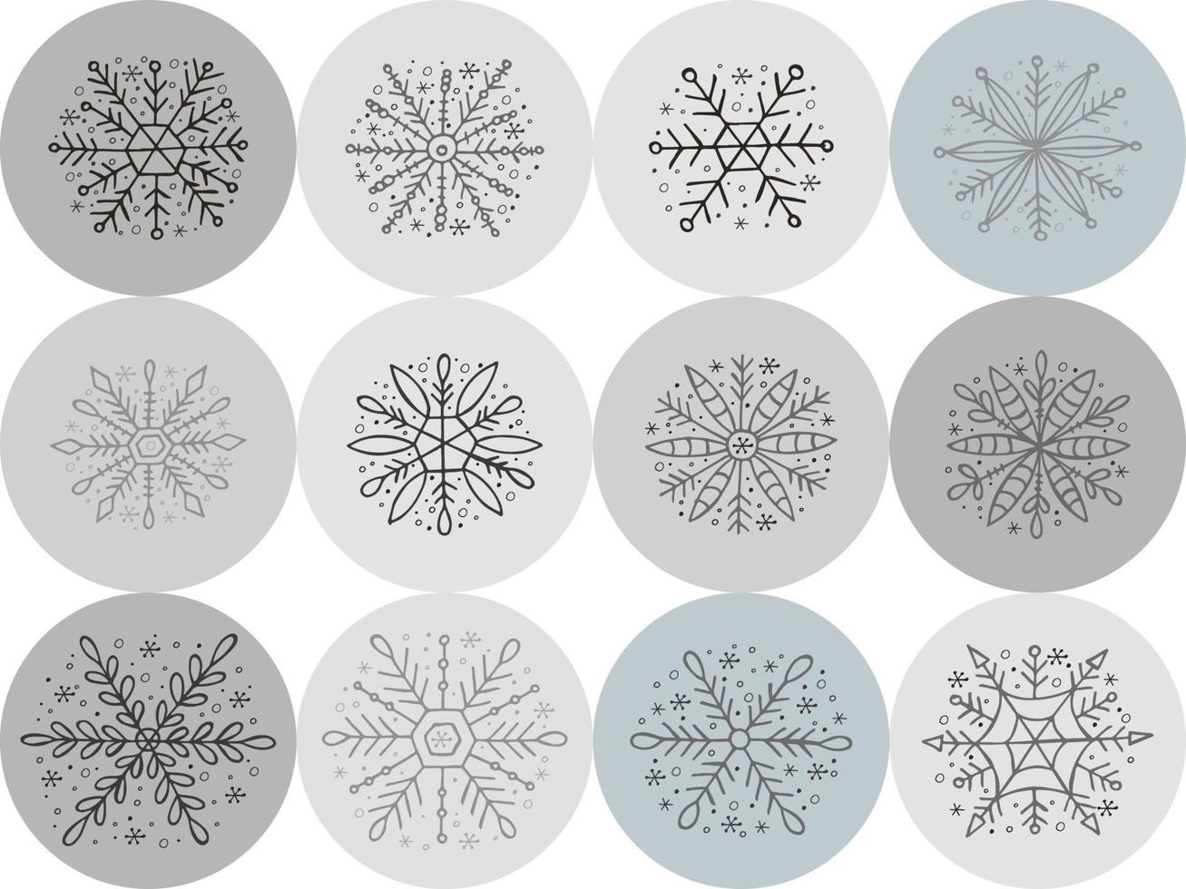 A set of hand-drawn snowflakes. Vector illustration in doodle style. Winter mood. Hello 2023. Merry Christmas and Happy New Year. Black and gray elements on a gray background.
