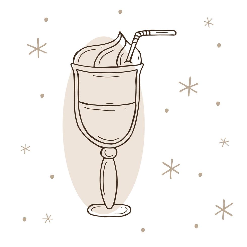 Glass of cappuccino or latte with a snowflakes on a white and brown background. Vector illustration in doodle style. Winter mood. Hello 2023. Merry Christmas and Happy New Year.