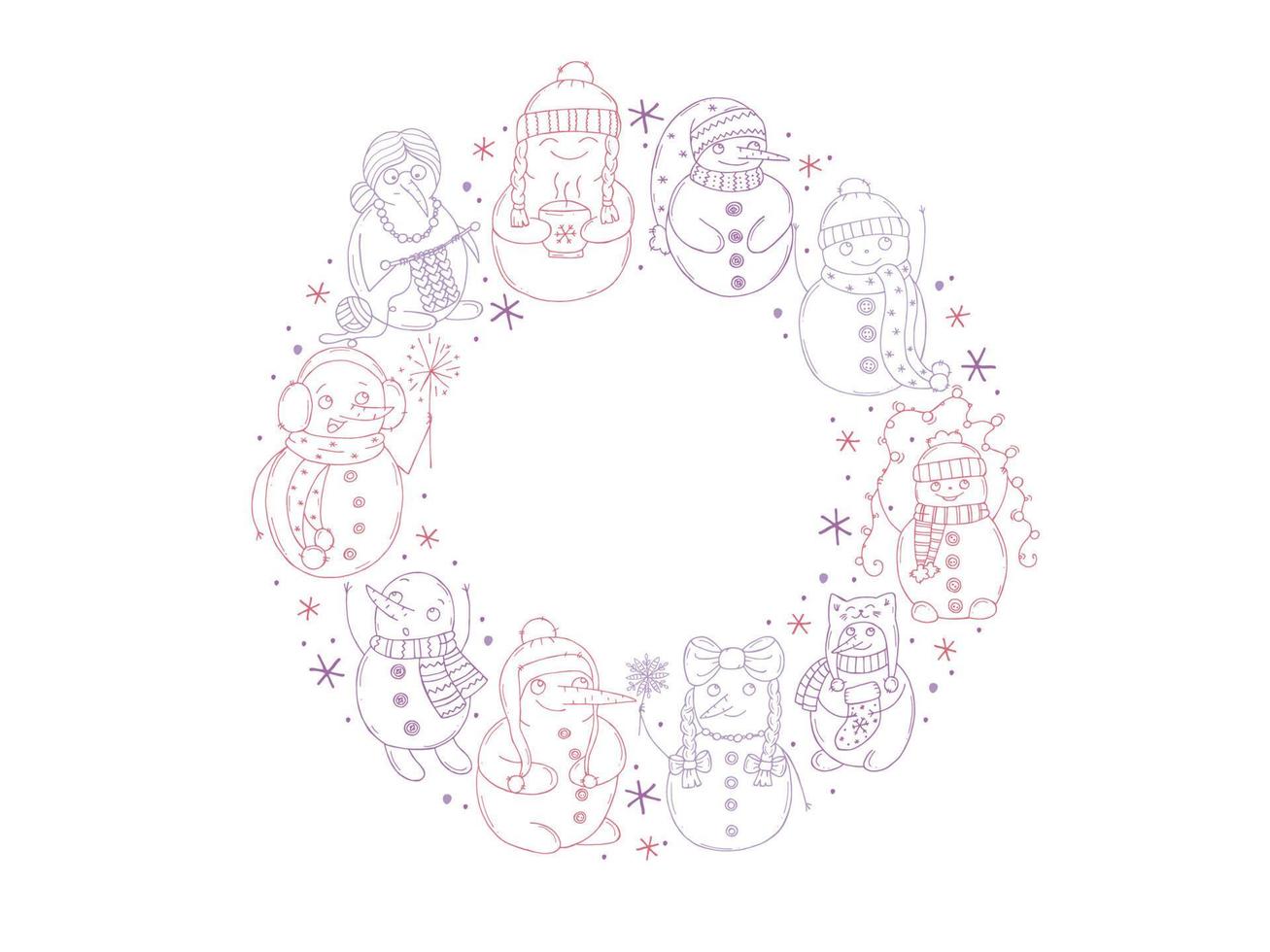 Set of cute snowmen on a white background. Vector illustration in doodle style. Winter mood. Hello 2023. Merry Christmas and Happy New Year.
