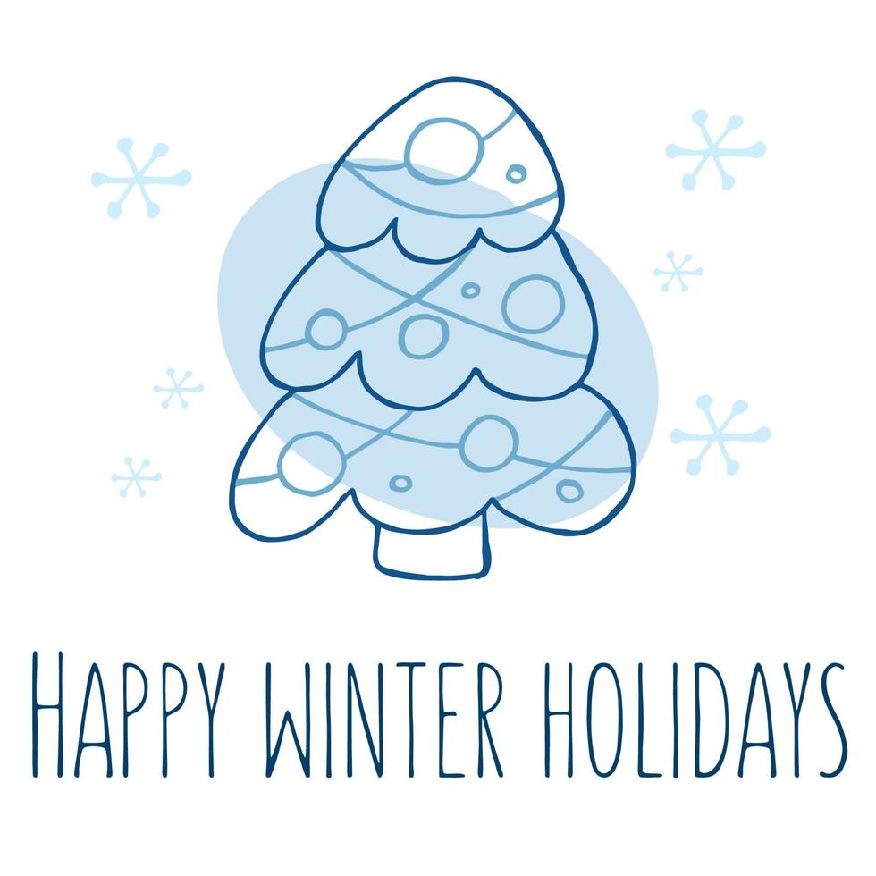 A hand-drawn christmas tree. Vector illustration in doodle style. Winter mood. Hello 2023. Merry Christmas and Happy New Year. Blue element with a snowflakes on a white background.