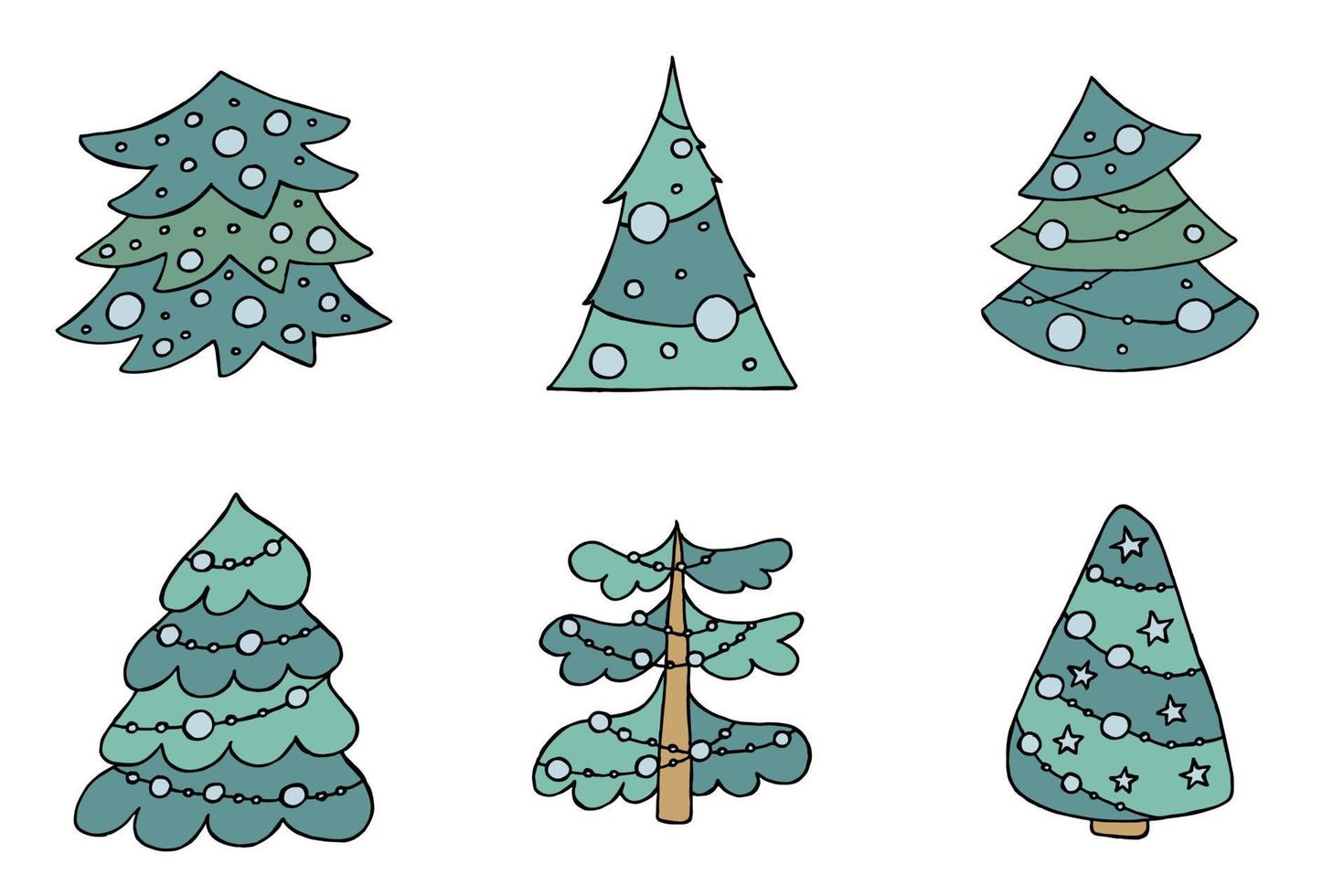 A hand-drawn christmas tree. Vector illustration in doodle style. Winter mood. Hello 2023. Merry Christmas and Happy New Year. Green trees with a blue toys on a white background.