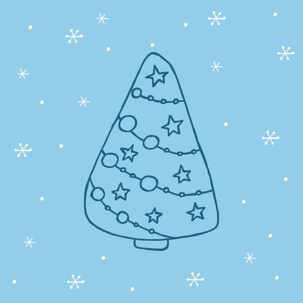 A hand-drawn christmas tree. Vector illustration in doodle style. Winter mood. Hello 2023. Merry Christmas and Happy New Year. Dark blue element with a white snowflakes on a blue background.