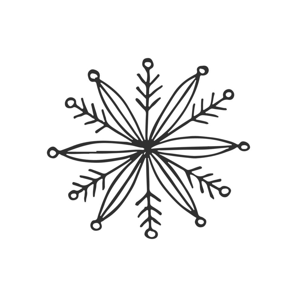 A hand-drawn snowflake. Vector illustration in doodle style. Winter mood. Hello 2023. Merry Christmas and Happy New Year. Black element on a white background.