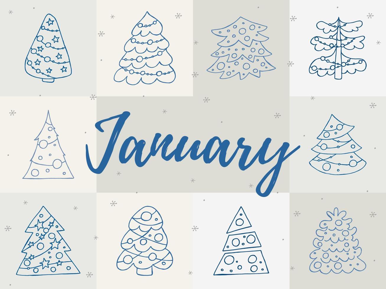 A set of hand-drawn christmas trees. Vector illustration in doodle style. Winter mood. Hello 2023. Merry Christmas and Happy New Year. Blue elements with a snowflakes on a gray background.