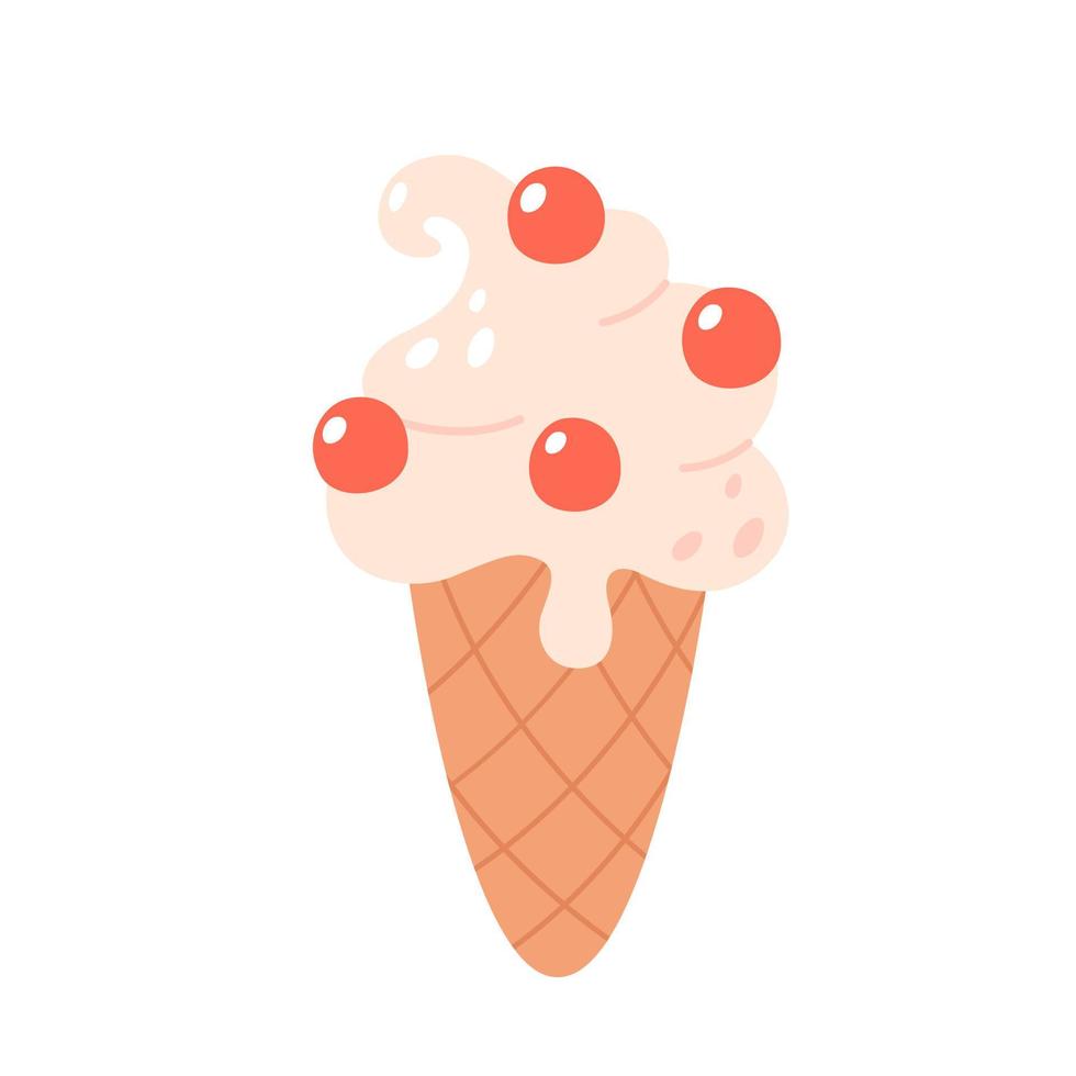 Vanilla ice cream in waffle cone with cherry. Summertime, hello summer. vector