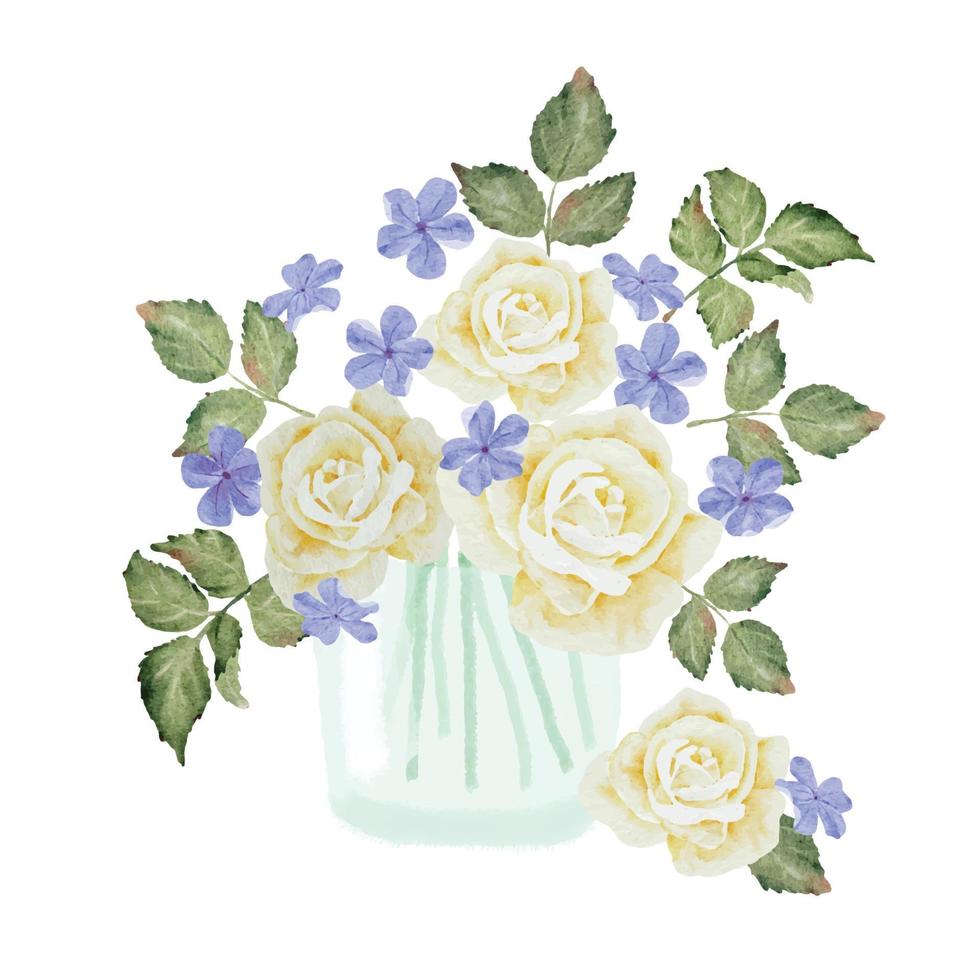 Acuarela arreglo de ramo de flores de rosa blanca y plumbago en clipart de vidrio aislado sobre fondo blanco vector