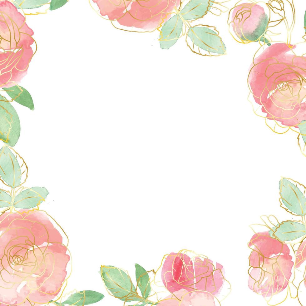 ramo de flores de rosas sueltas de acuarela con fondo de banner de marco cuadrado de arte de línea dorada vector