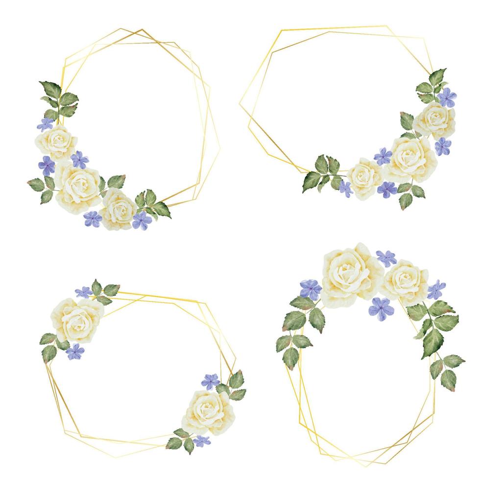 watercolor blooming rose branch flower bouquet wreath badge gold frame collection vector