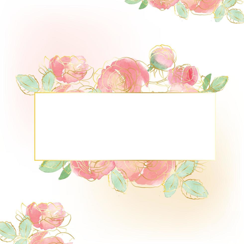 watercolor loose rose flower bouquet with gold line art baner background template vector