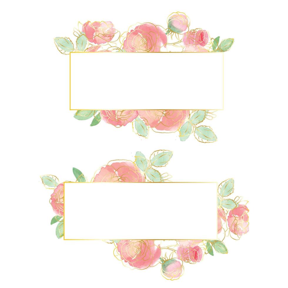 watercolor loose rose flower bouquet frame with gold line art badge vector