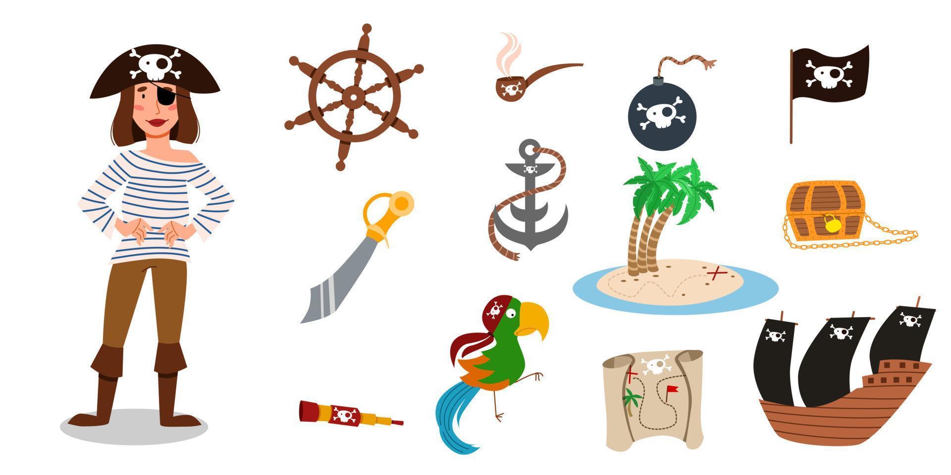 A set of pirate items. a pirate character of a girl in a suit, hat and an eye patch. vector