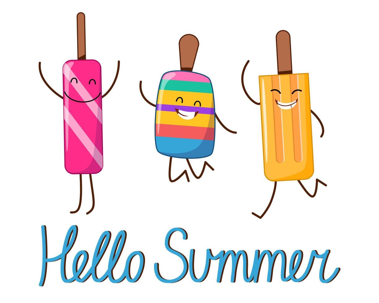 A postcard with the characters of a cheerful ice cream with the inscription hello summer. vector