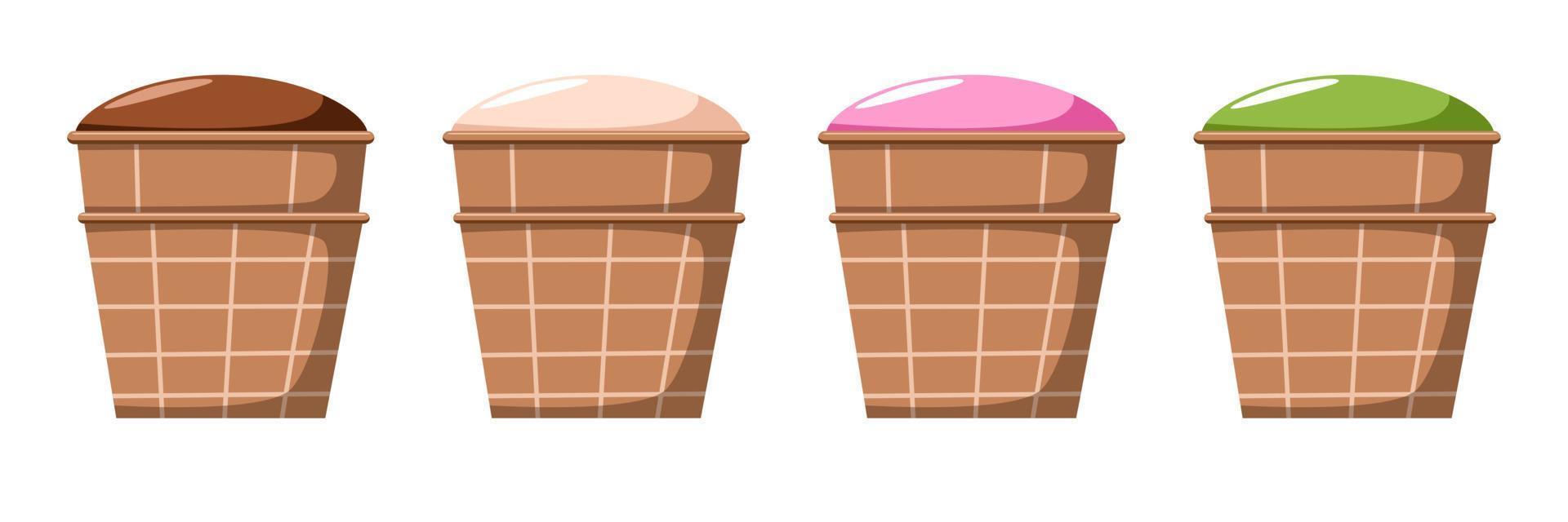 A set of delicious ice cream. Sweet summer treat with different flavors, ready-made ice cream with different fillings in a waffle cup. vector