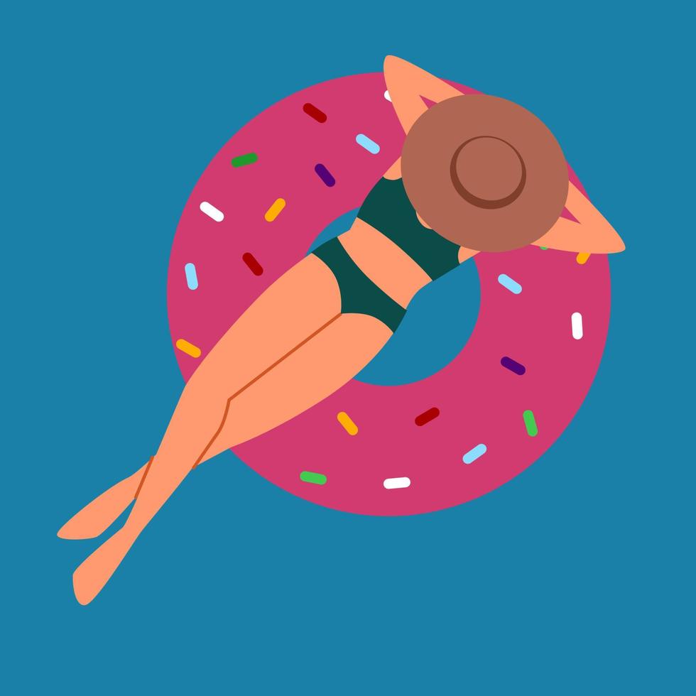 A woman is resting and sunbathing on an inflatable circle in the sea. vector