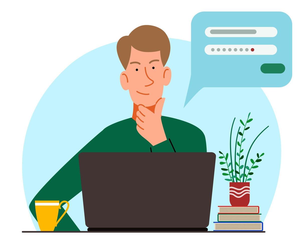 The concept of a man thinking behind a laptop. vector