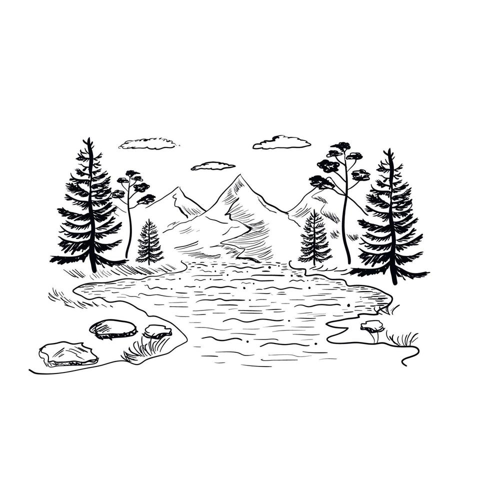 Mountains lake and forest view hand drawn vector illustration, sketch of alpine nature