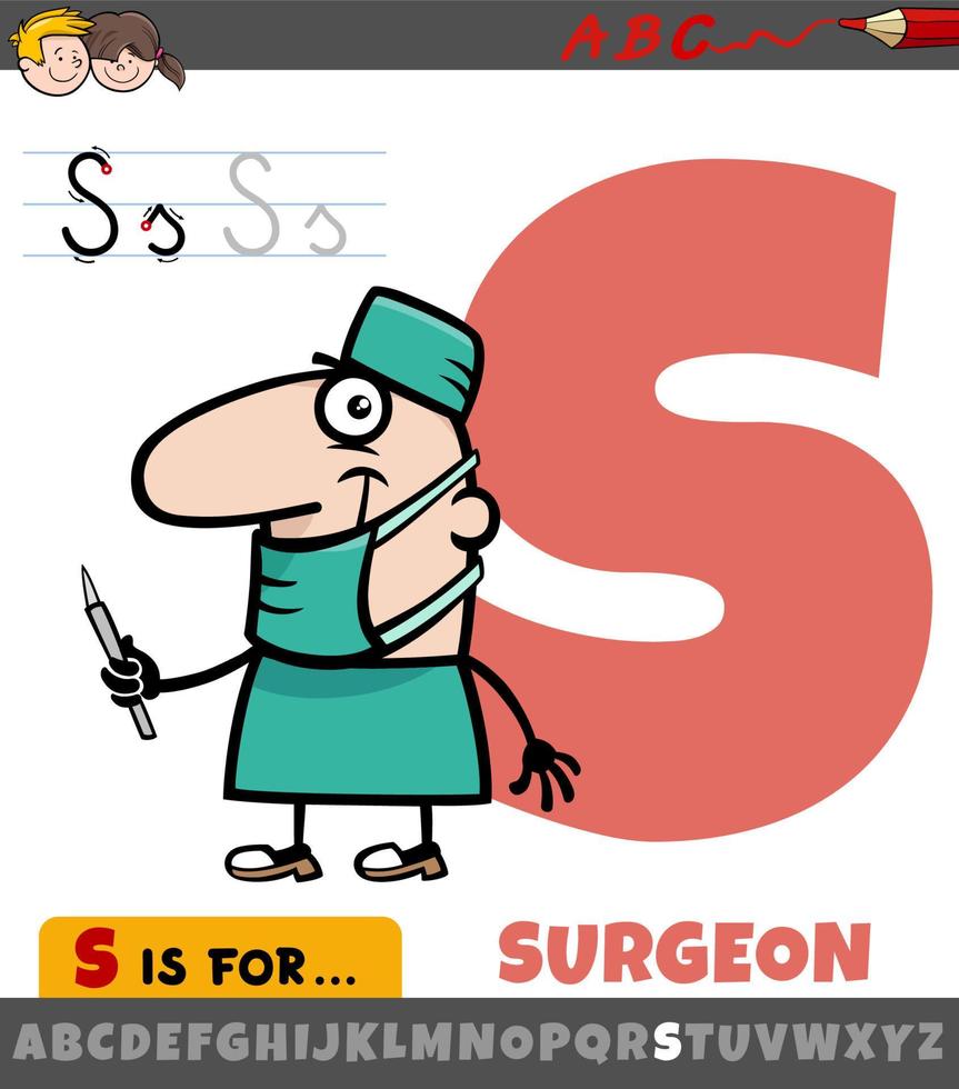 letter S worksheet with cartoon surgeon character vector