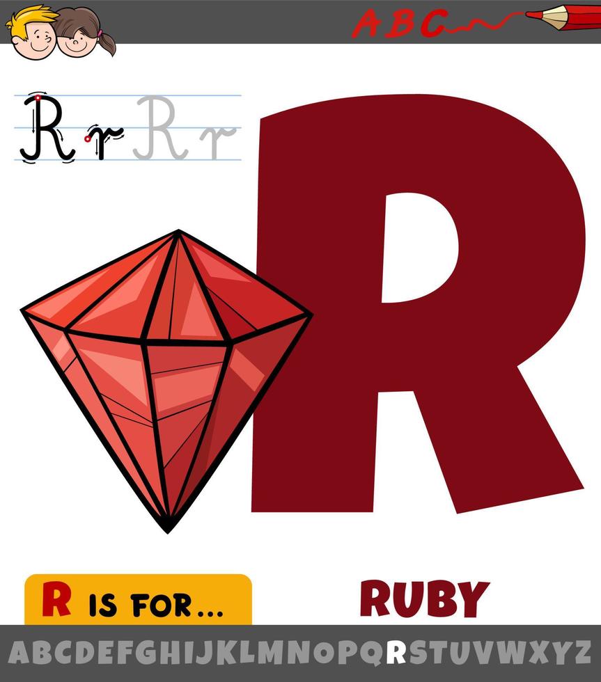 hoja de trabajo de la letra r con gema de rubí de dibujos animados vector