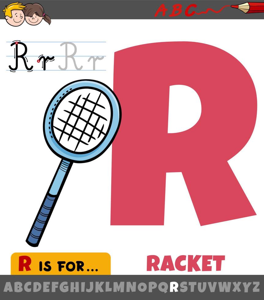 letter R worksheet with cartoon racket object vector