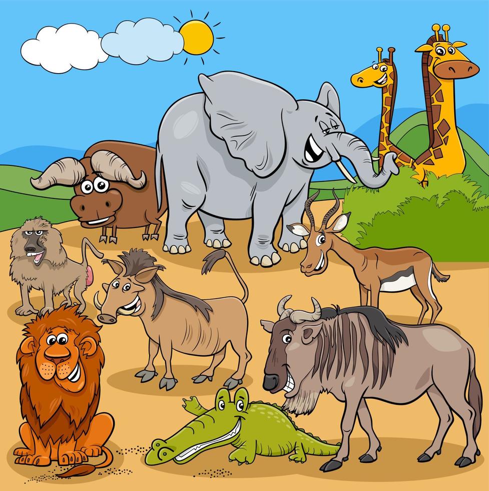 funny cartoon safari animal characters group vector