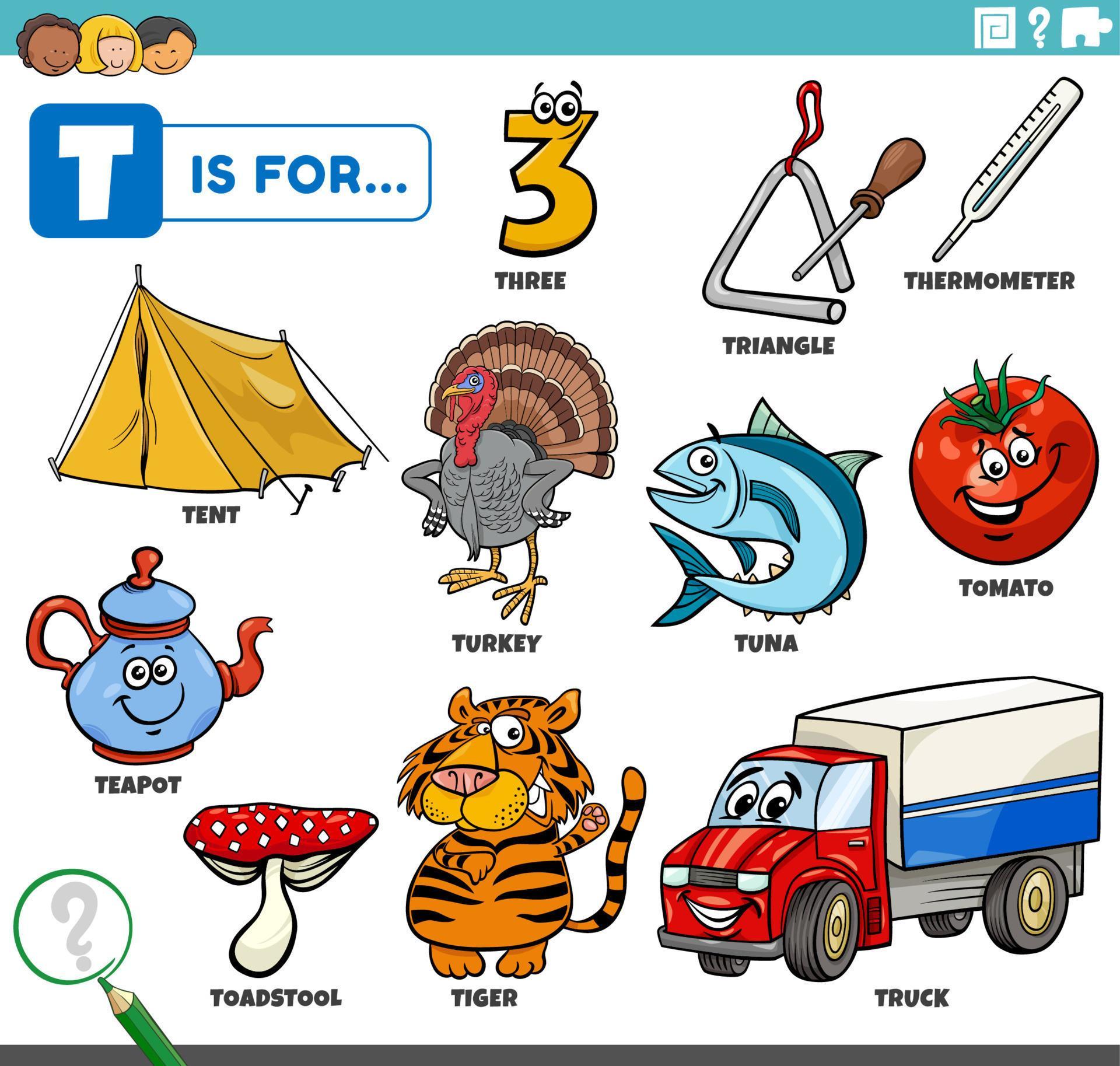 letter t words educational set with cartoon characters 8101925 Vector