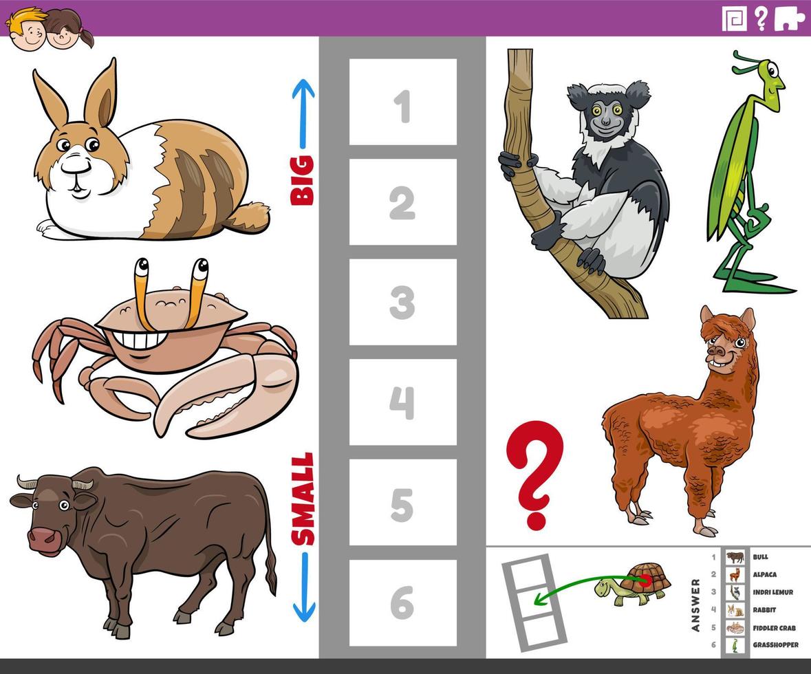 juego educativo con animales de dibujos animados grandes y pequeños. vector