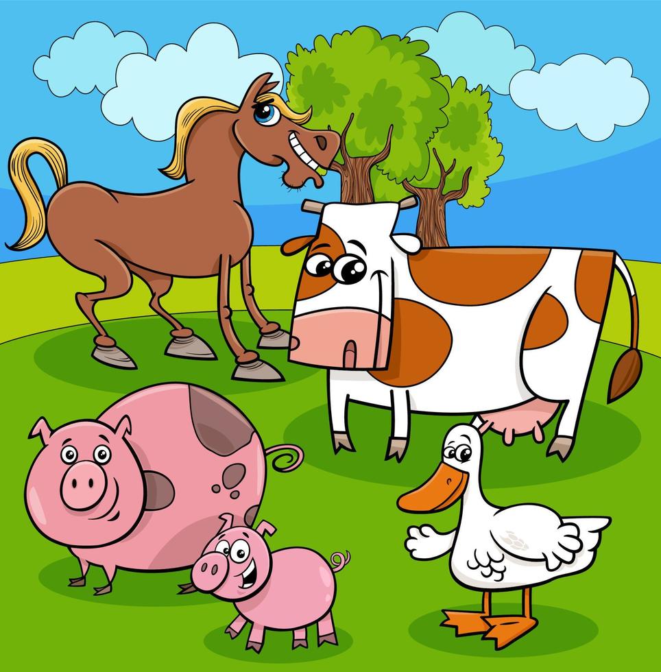 cartoon farm animals characters group in the meadow vector