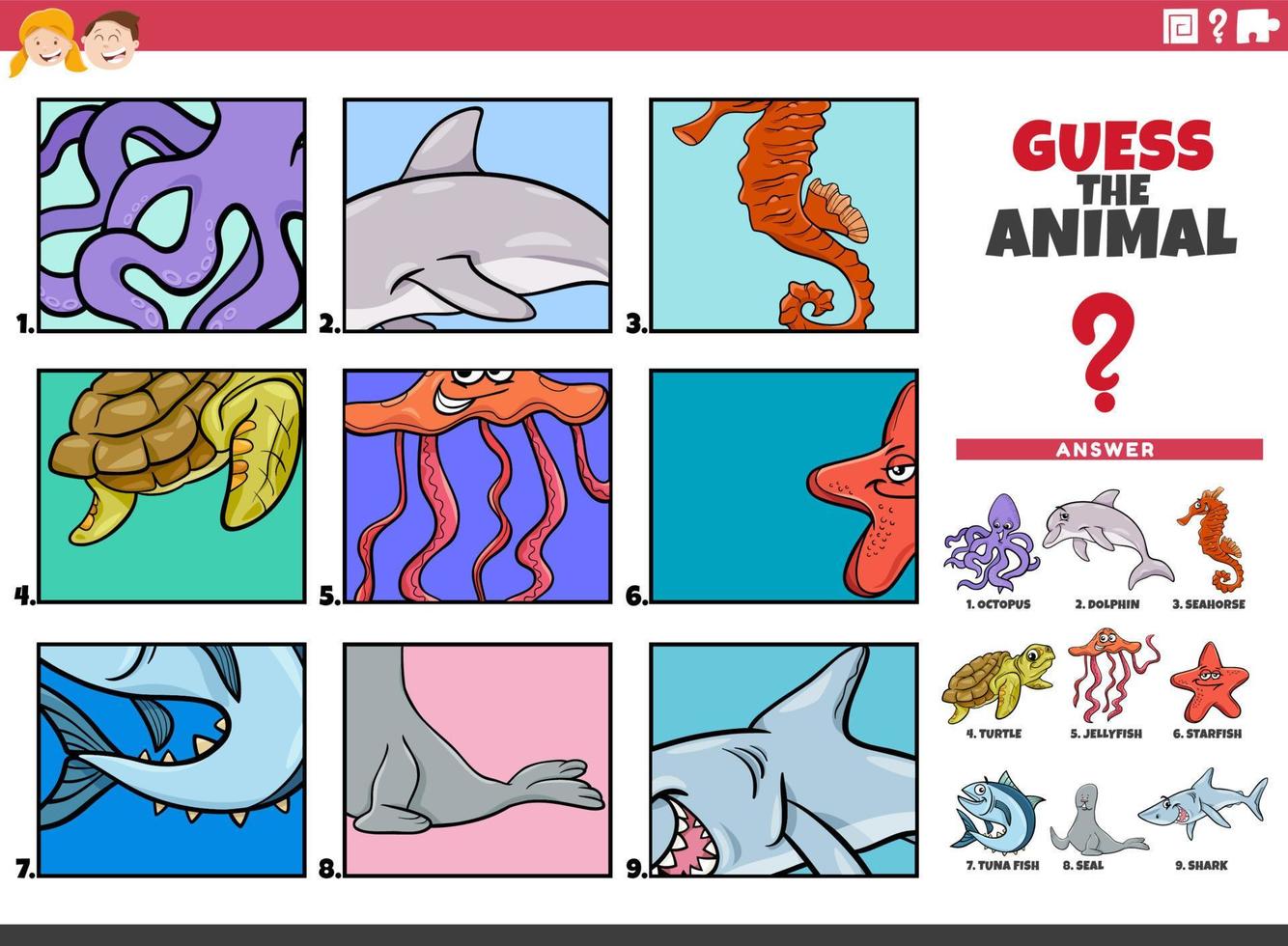 adivinar personajes de animales de dibujos animados tarea educativa para niños vector