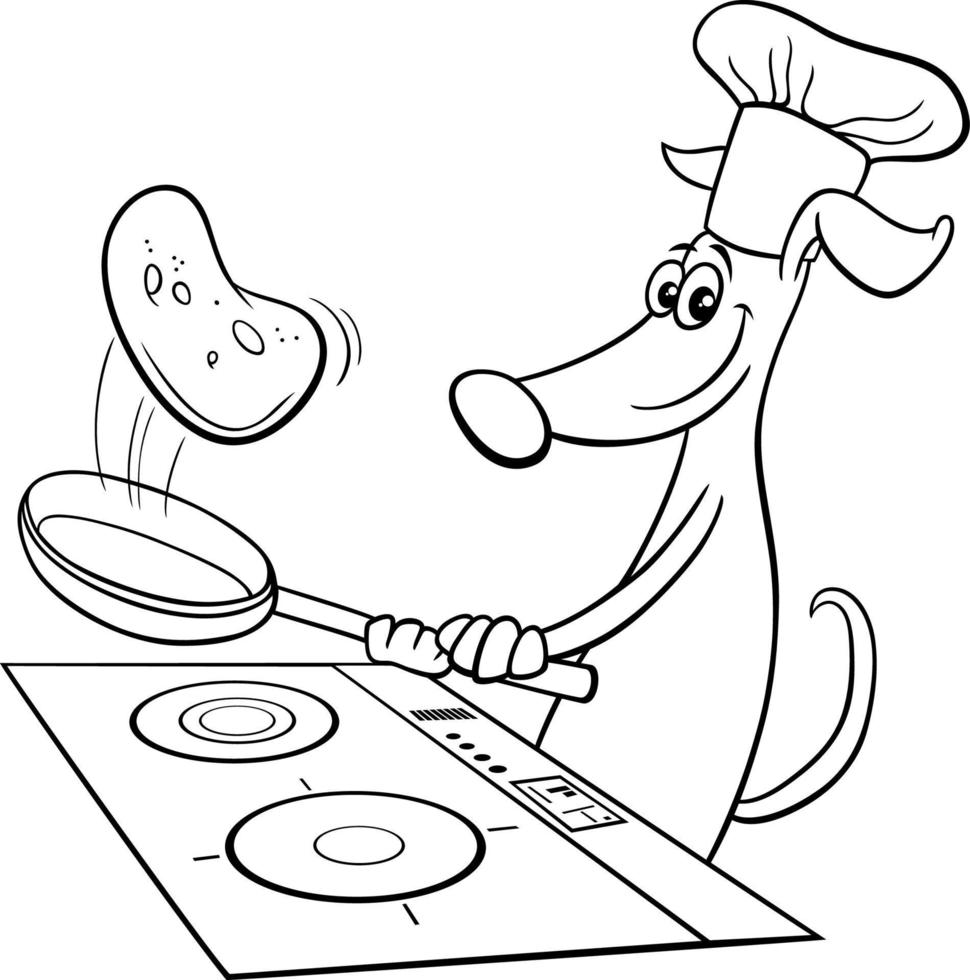 cartoon dog character frying pancakes coloring page vector