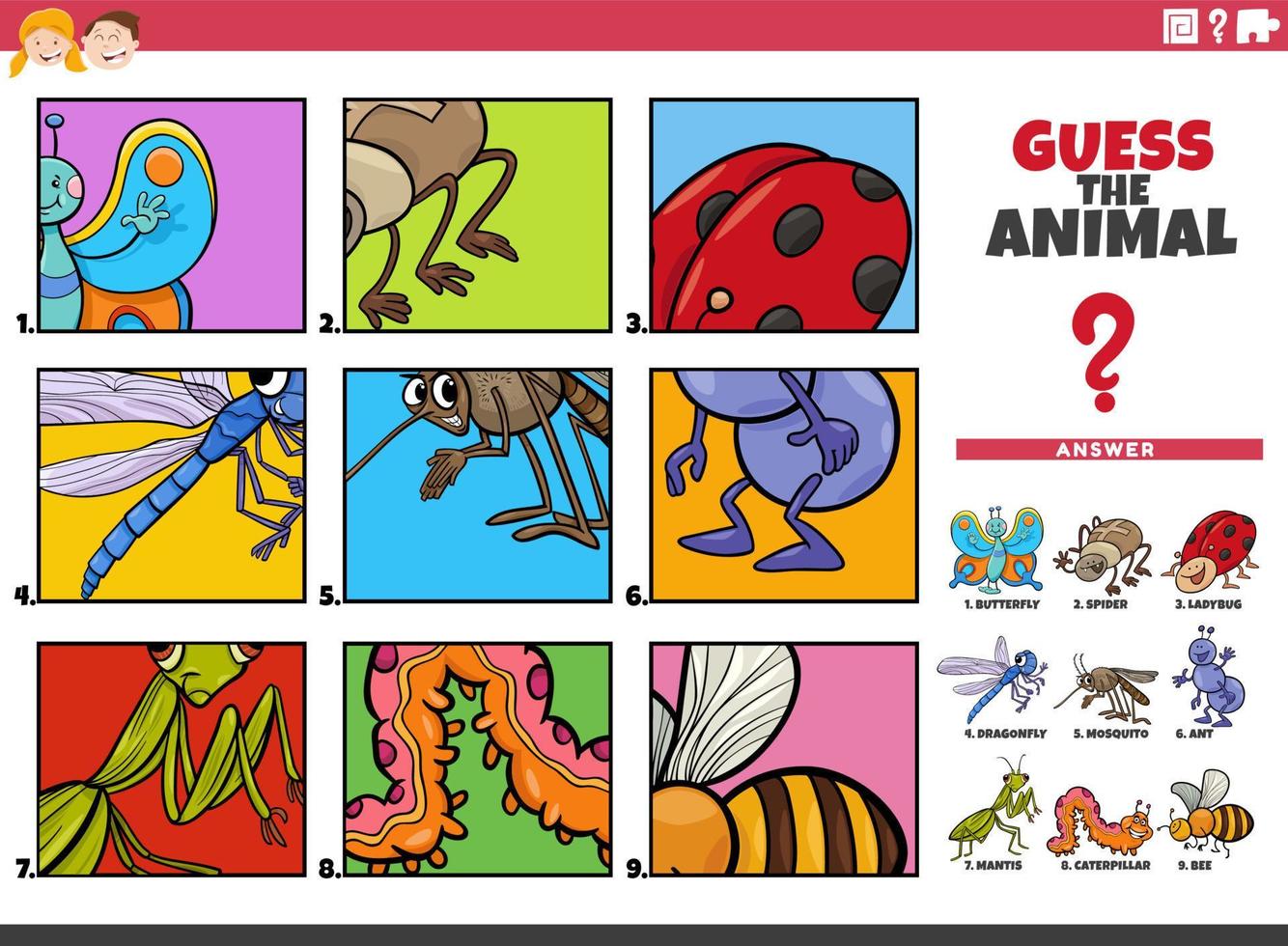 guess cartoon animal characters educational task for kids vector