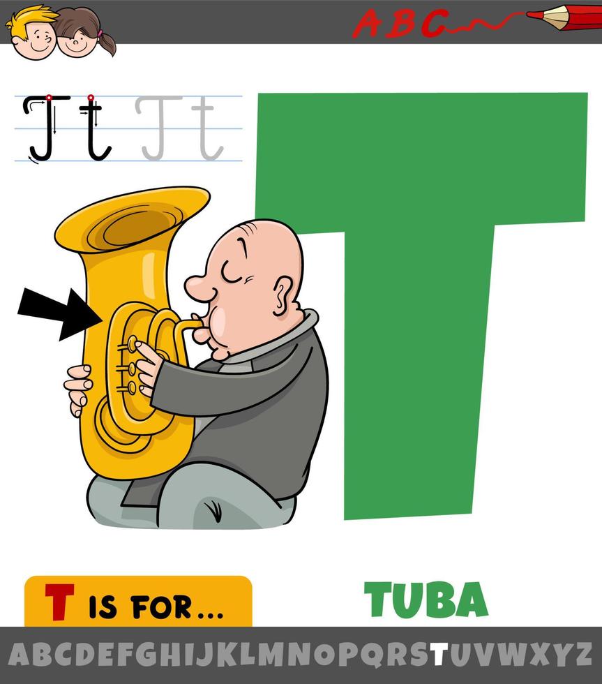 letra t del alfabeto con instrumento musical de tuba de dibujos animados vector